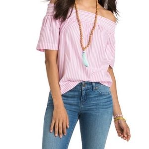 Vineyard Vines Striped Off The Shoulder Smocked Top Pink White Medium
